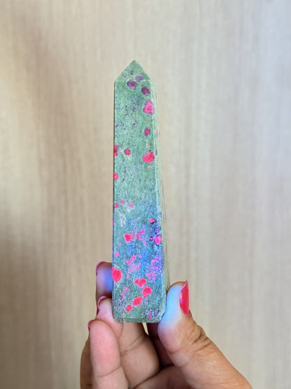 Ruby in Fuchsite Obelisk – UV Reactive Crystal Tower | Handpicked Natural Corundum in Green Fuchsite