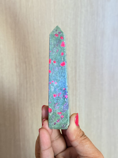 Ruby in Fuchsite Obelisk – UV Reactive Crystal Tower | Handpicked Natural Corundum in Green Fuchsite