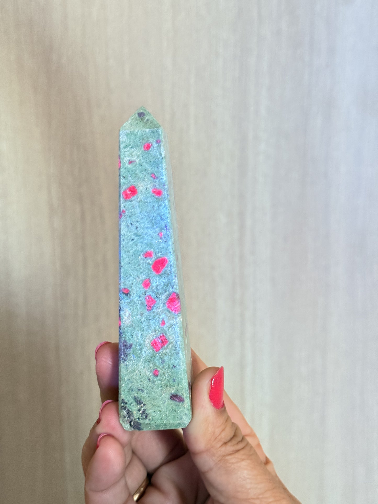 Ruby in Fuchsite Obelisk – UV Reactive Crystal Tower | Handpicked Natural Corundum in Green Fuchsite