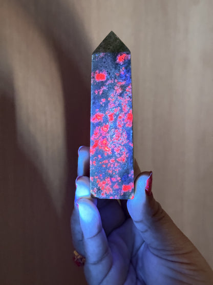 Ruby in Fuchsite Obelisk – UV Reactive Crystal Tower | Handpicked Natural Corundum in Green Fuchsite