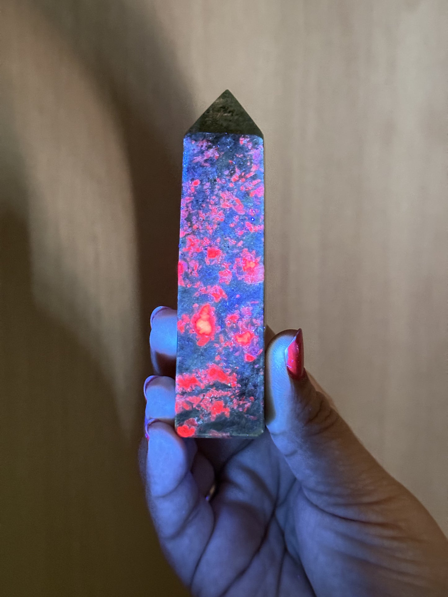 Ruby in Fuchsite Obelisk – UV Reactive Crystal Tower | Handpicked Natural Corundum in Green Fuchsite