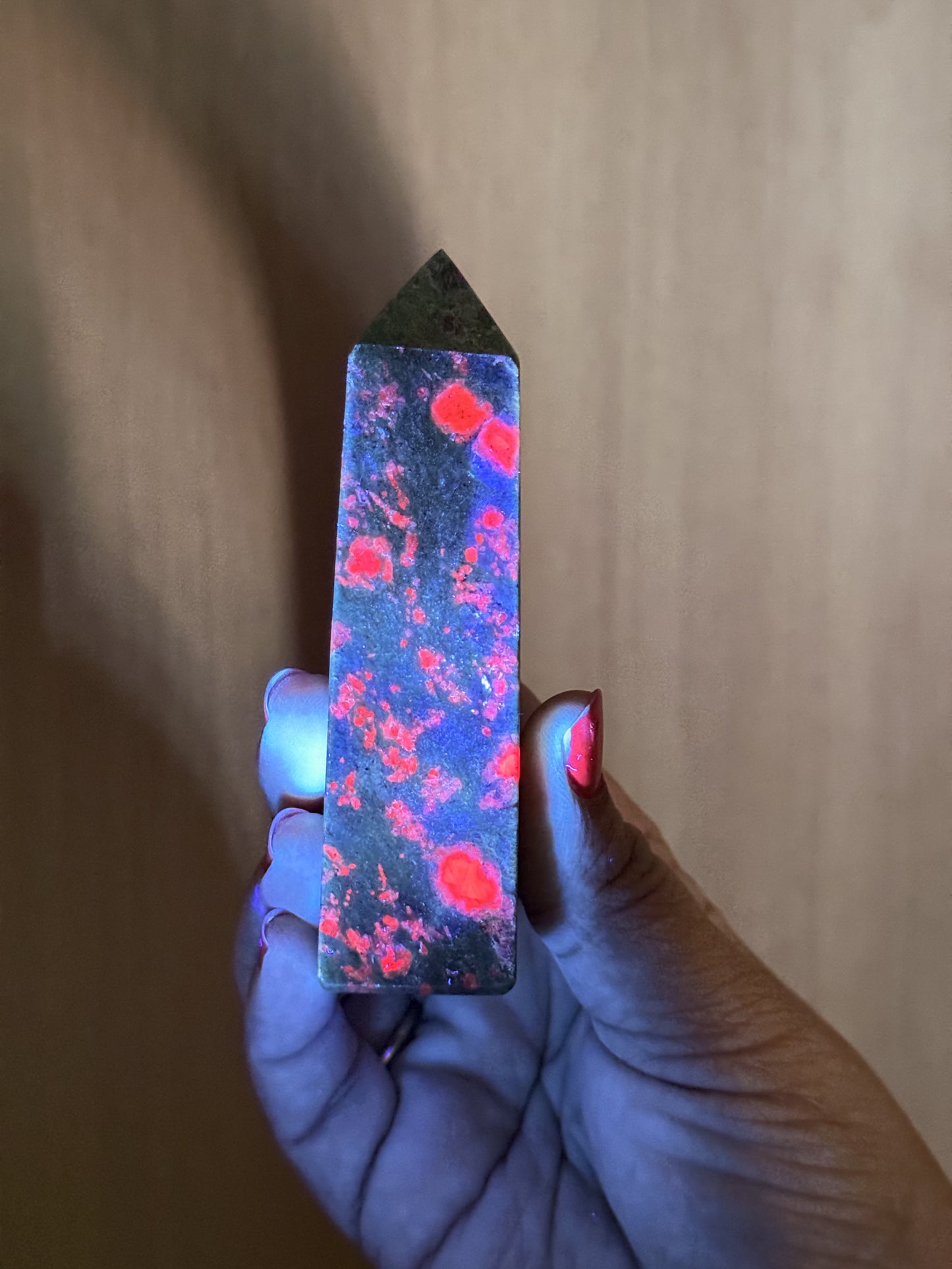 Ruby in Fuchsite Obelisk – UV Reactive Crystal Tower | Handpicked Natural Corundum in Green Fuchsite