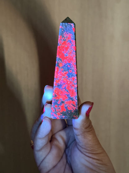 Ruby in Fuchsite Obelisk – UV Reactive Crystal Tower | Handpicked Natural Corundum in Green Fuchsite