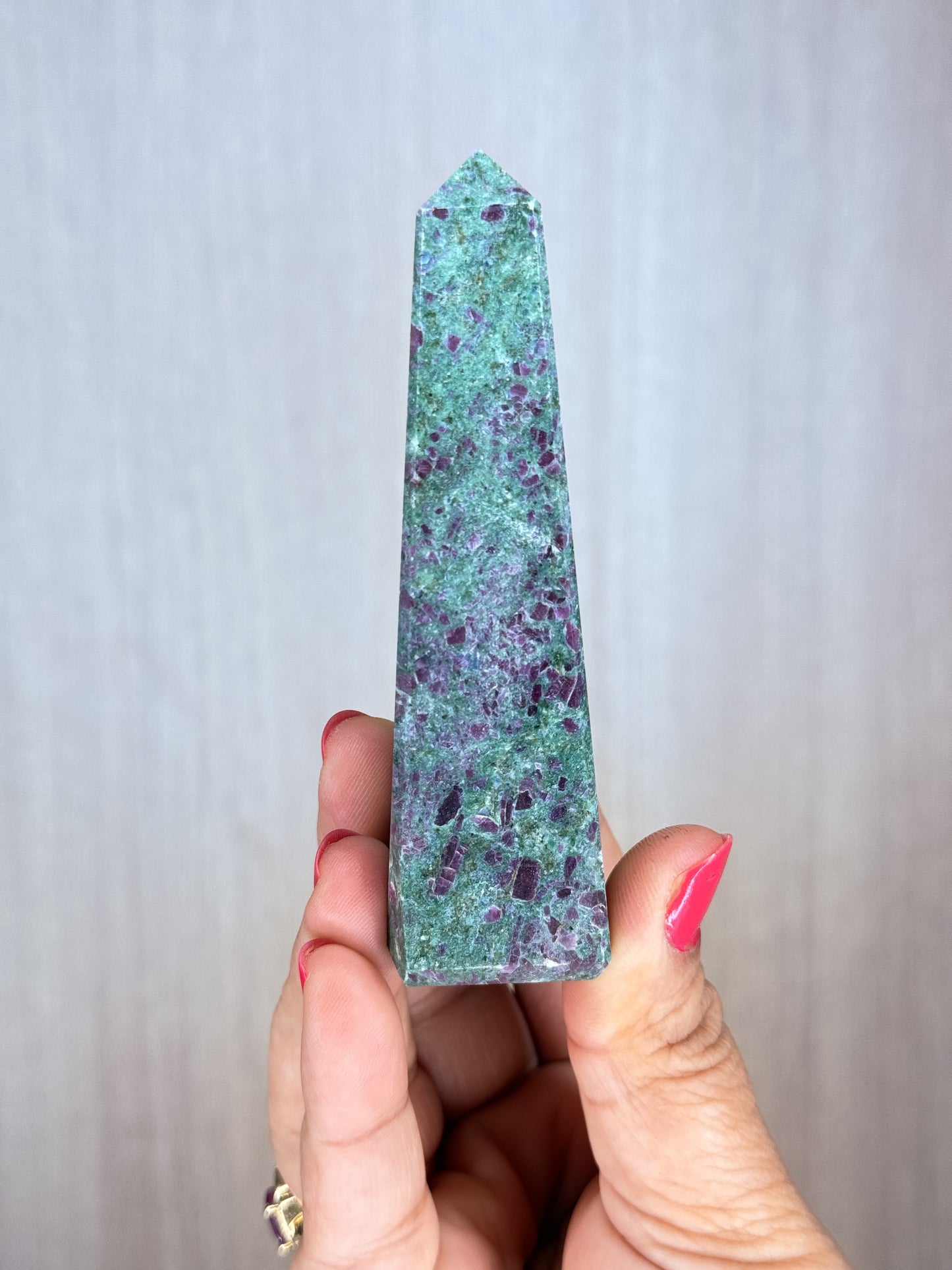 Ruby in Fuchsite Obelisk – UV Reactive Crystal Tower | Handpicked Natural Corundum in Green Fuchsite