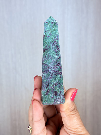 Ruby in Fuchsite Obelisk – UV Reactive Crystal Tower | Handpicked Natural Corundum in Green Fuchsite