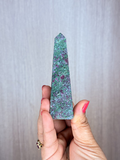 Ruby in Fuchsite Obelisk – UV Reactive Crystal Tower | Handpicked Natural Corundum in Green Fuchsite
