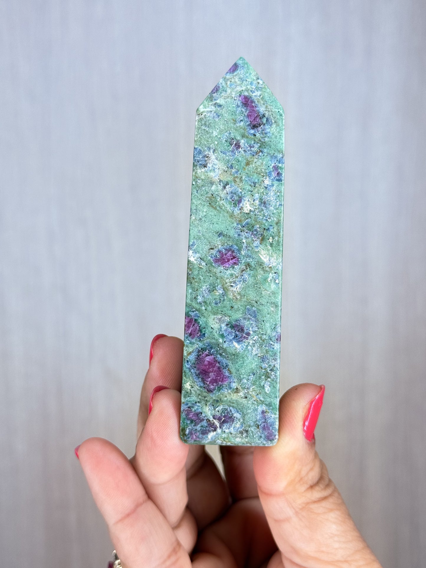 Ruby in Fuchsite Obelisk – UV Reactive Crystal Tower | Handpicked Natural Corundum in Green Fuchsite