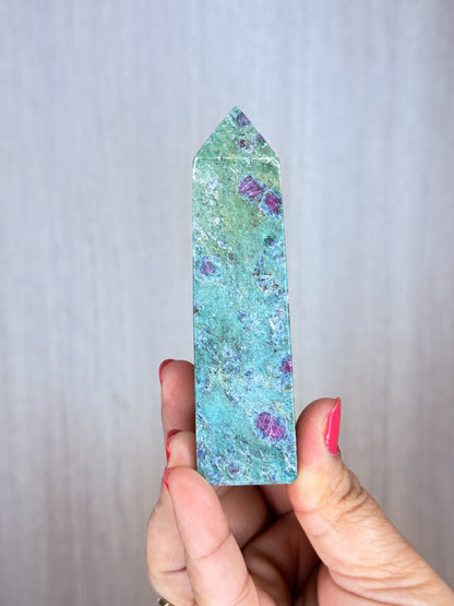 Ruby in Fuchsite Obelisk – UV Reactive Crystal Tower | Handpicked Natural Corundum in Green Fuchsite