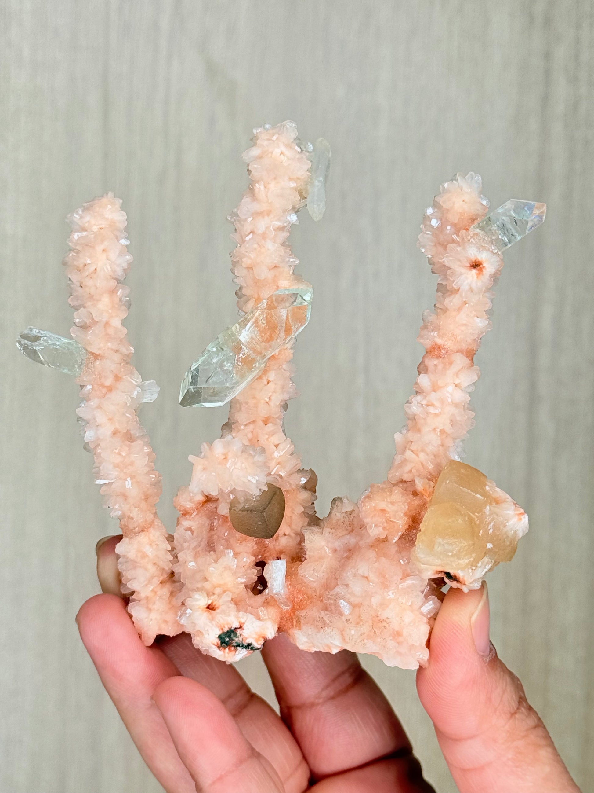 🍑Peach Heulandite Stalactites with Green Apophyllite – Rare Zeolite Specimen from Maharashtra, India - Auralis Crystals
