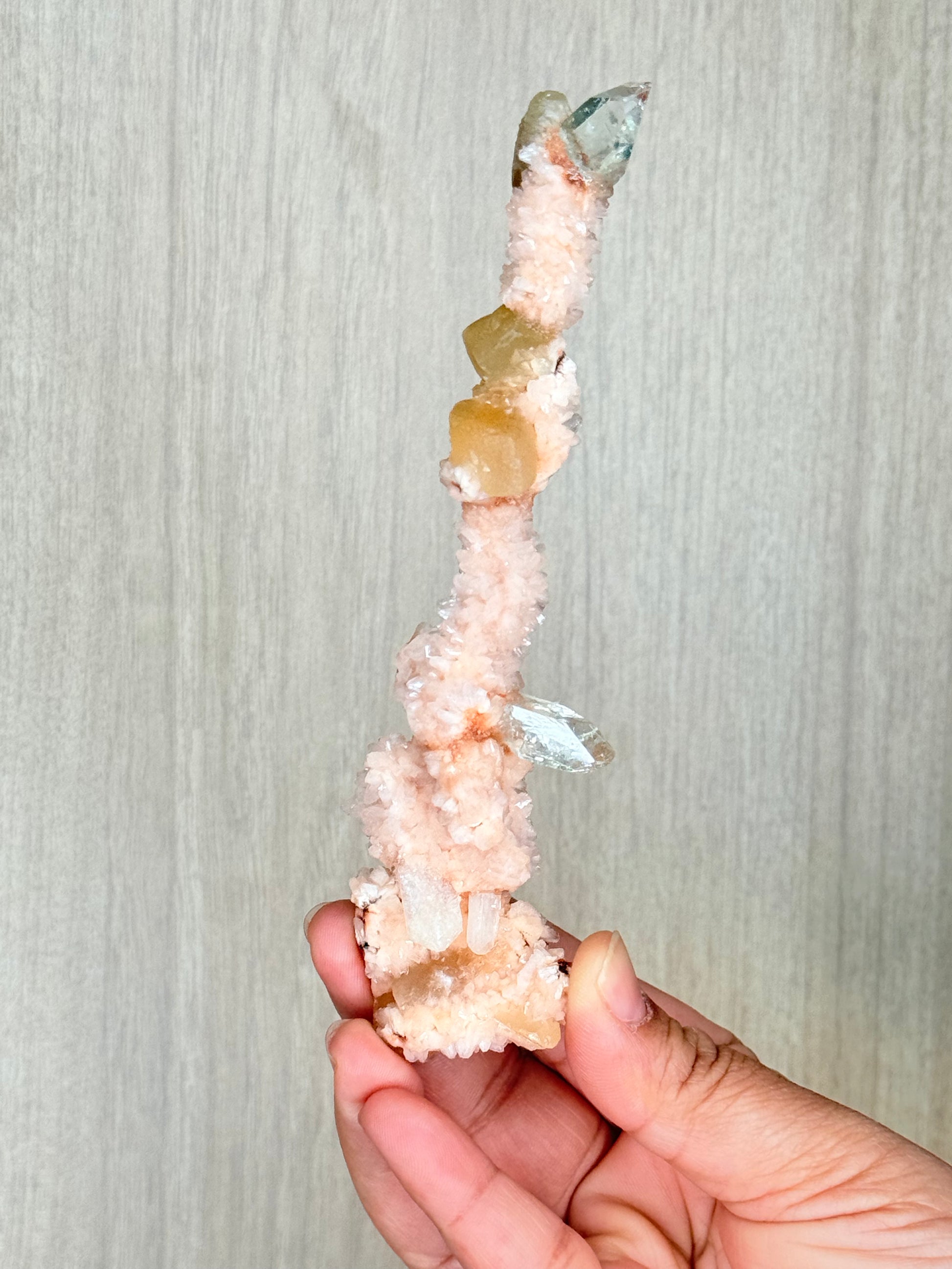 🍑Peach Heulandite Stalactites with Green Apophyllite – Rare Zeolite Specimen from Maharashtra, India - Auralis Crystals