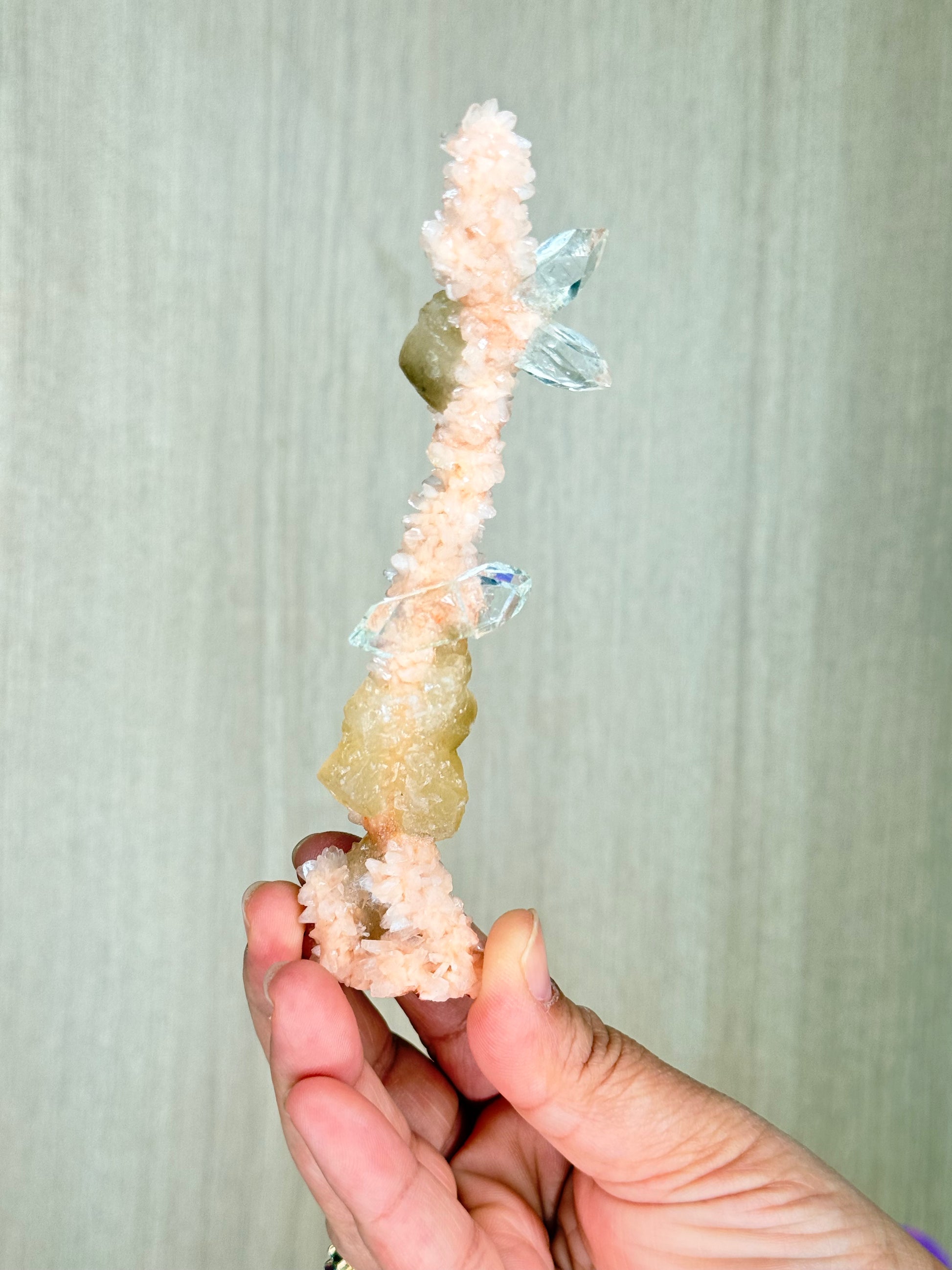 🍑Peach Heulandite Stalactites with Green Apophyllite – Rare Zeolite Specimen from Maharashtra, India - Auralis Crystals