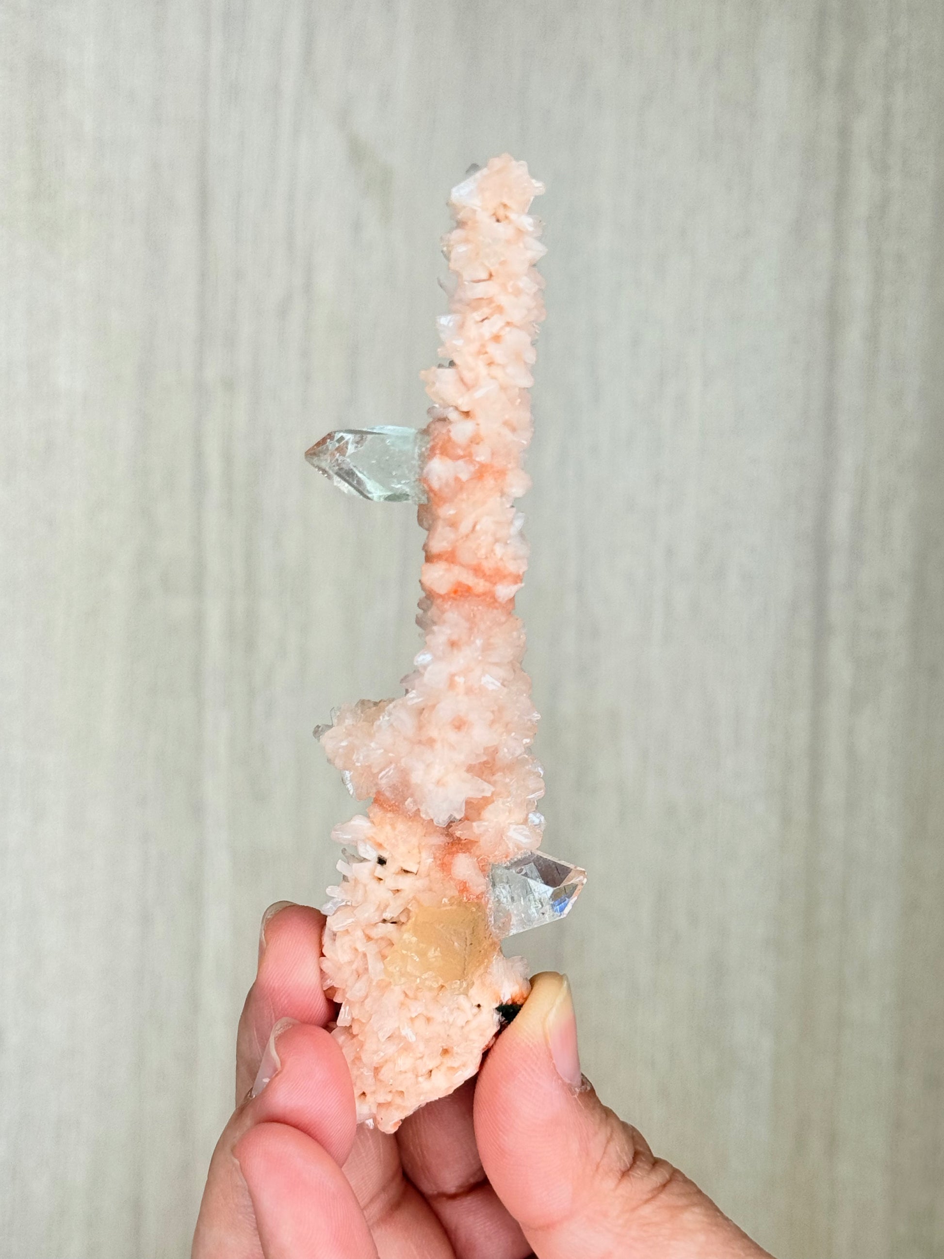 🍑Peach Heulandite Stalactites with Green Apophyllite – Rare Zeolite Specimen from Maharashtra, India - Auralis Crystals