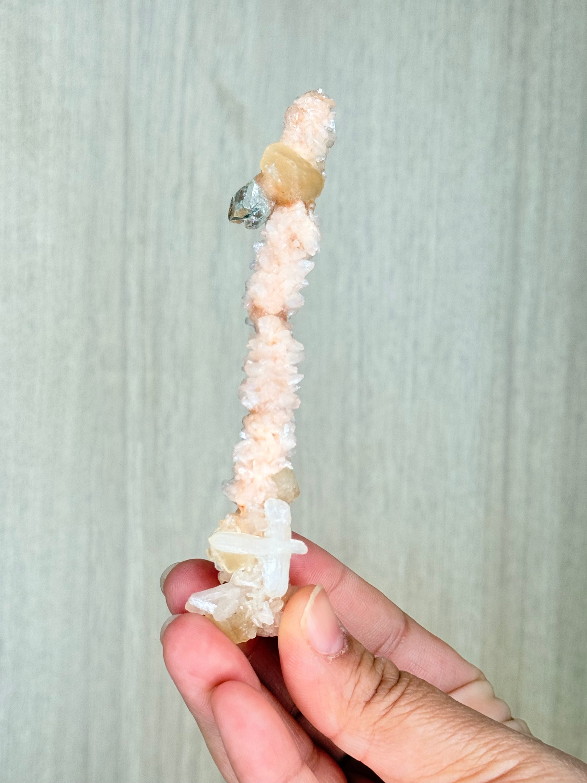 🍑Peach Heulandite Stalactites with Green Apophyllite – Rare Zeolite Specimen from Maharashtra, India - Auralis Crystals