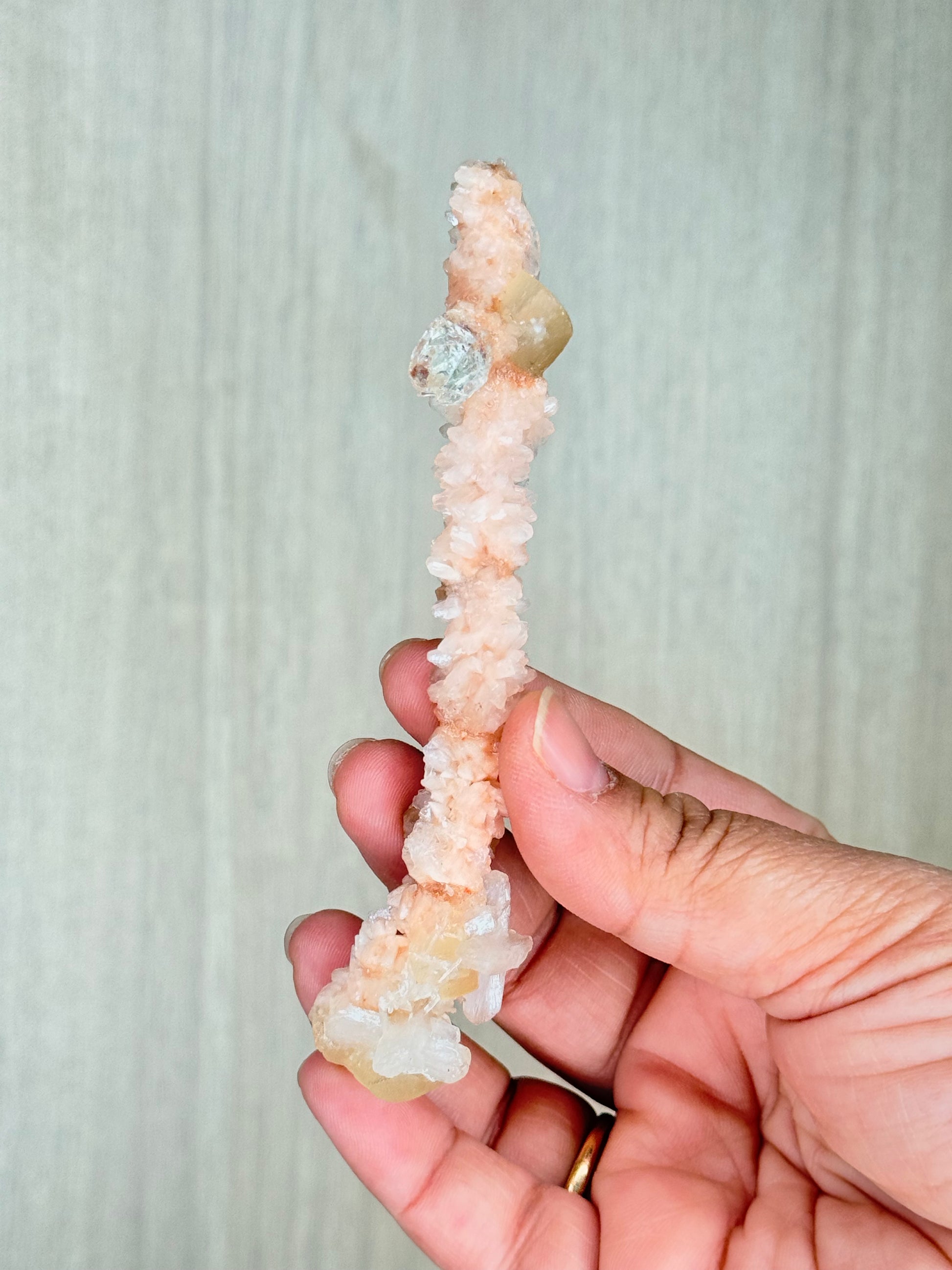🍑Peach Heulandite Stalactites with Green Apophyllite – Rare Zeolite Specimen from Maharashtra, India - Auralis Crystals