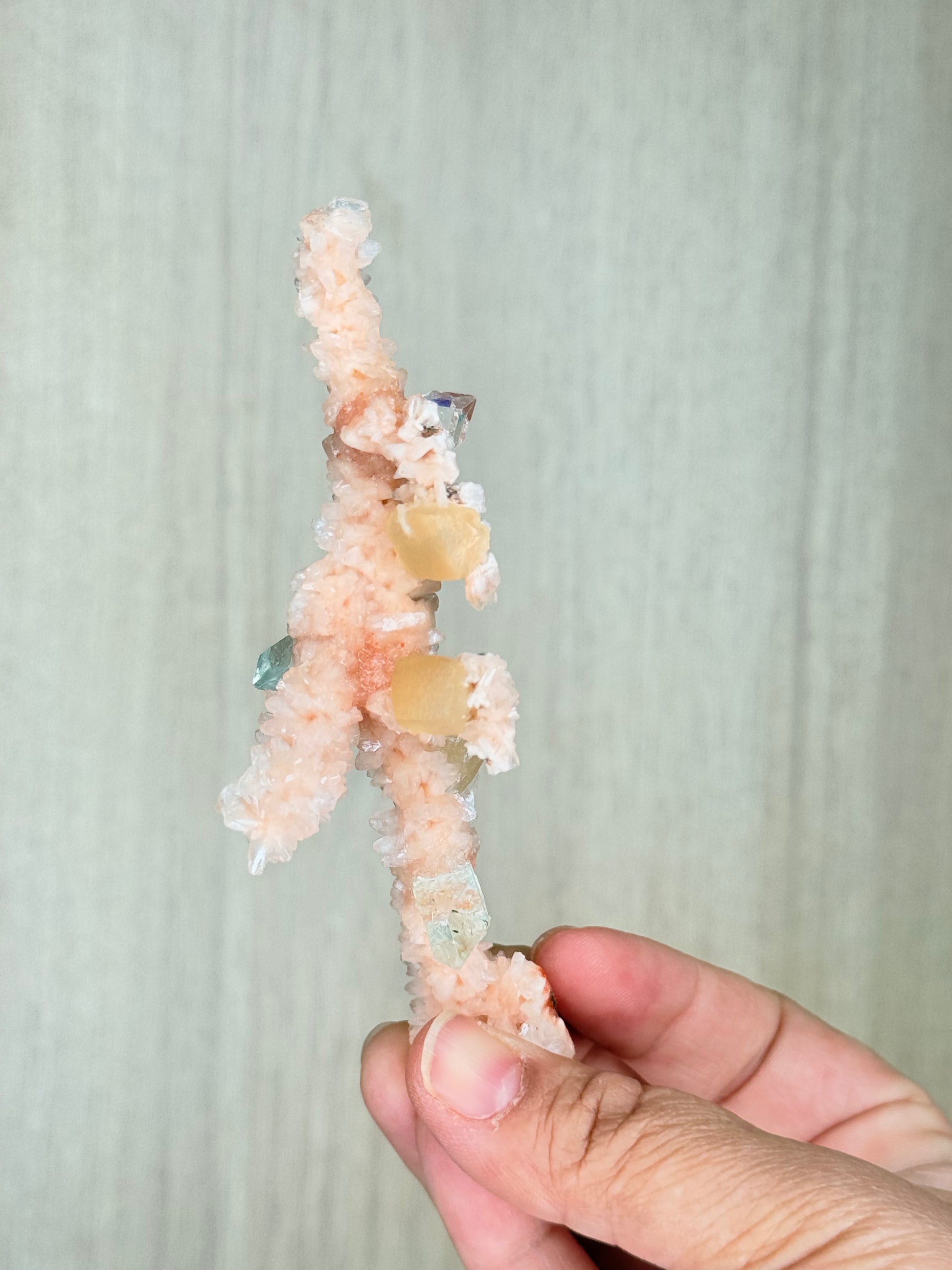 🍑Peach Heulandite Stalactites with Green Apophyllite – Rare Zeolite Specimen from Maharashtra, India - Auralis Crystals