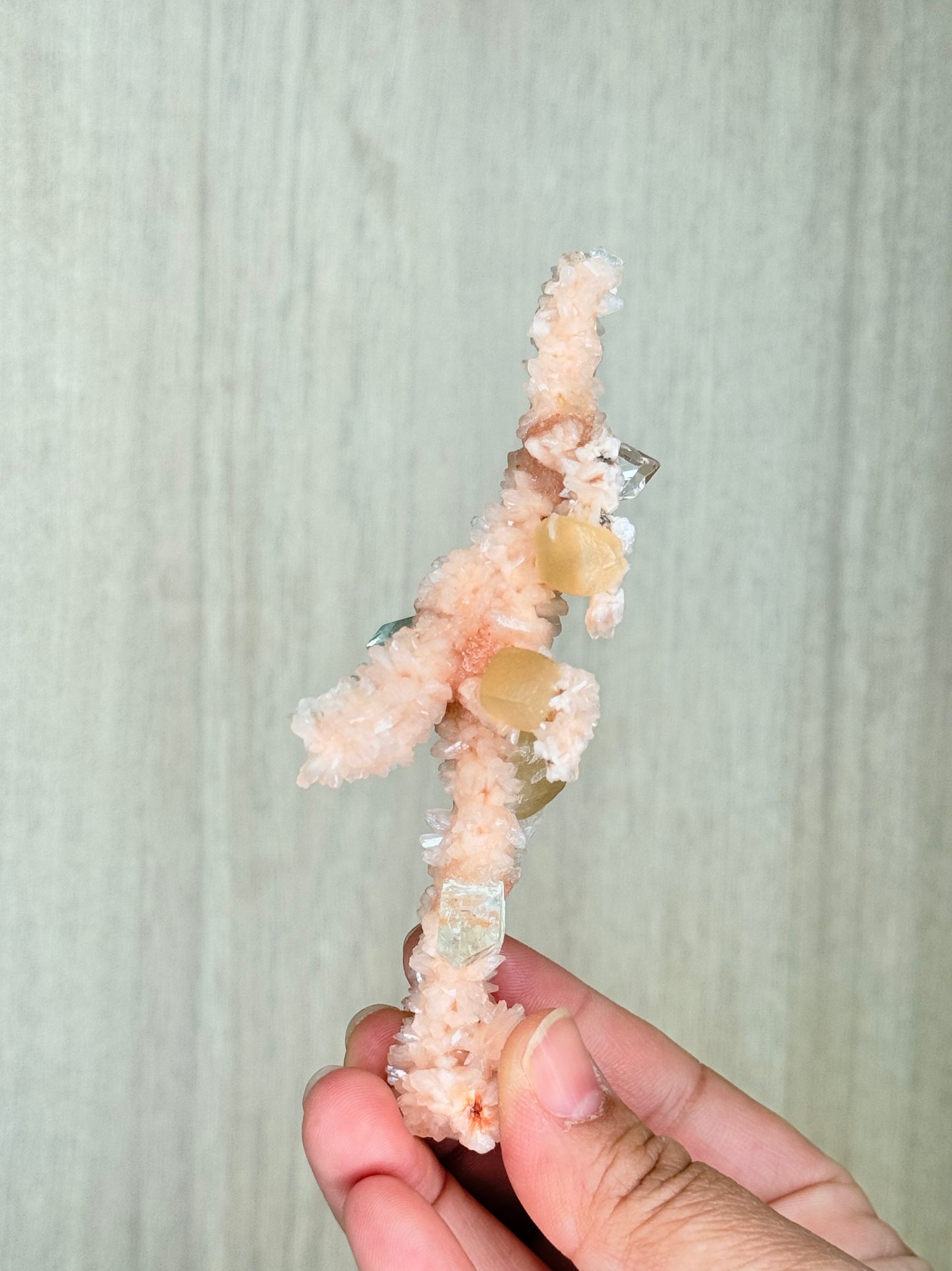 🍑Peach Heulandite Stalactites with Green Apophyllite – Rare Zeolite Specimen from Maharashtra, India