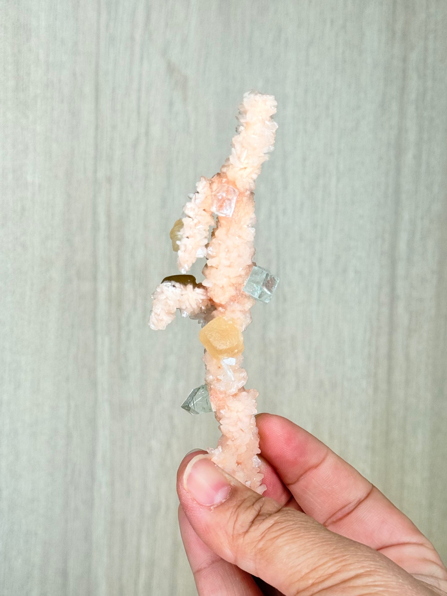 🍑Peach Heulandite Stalactites with Green Apophyllite – Rare Zeolite Specimen from Maharashtra, India