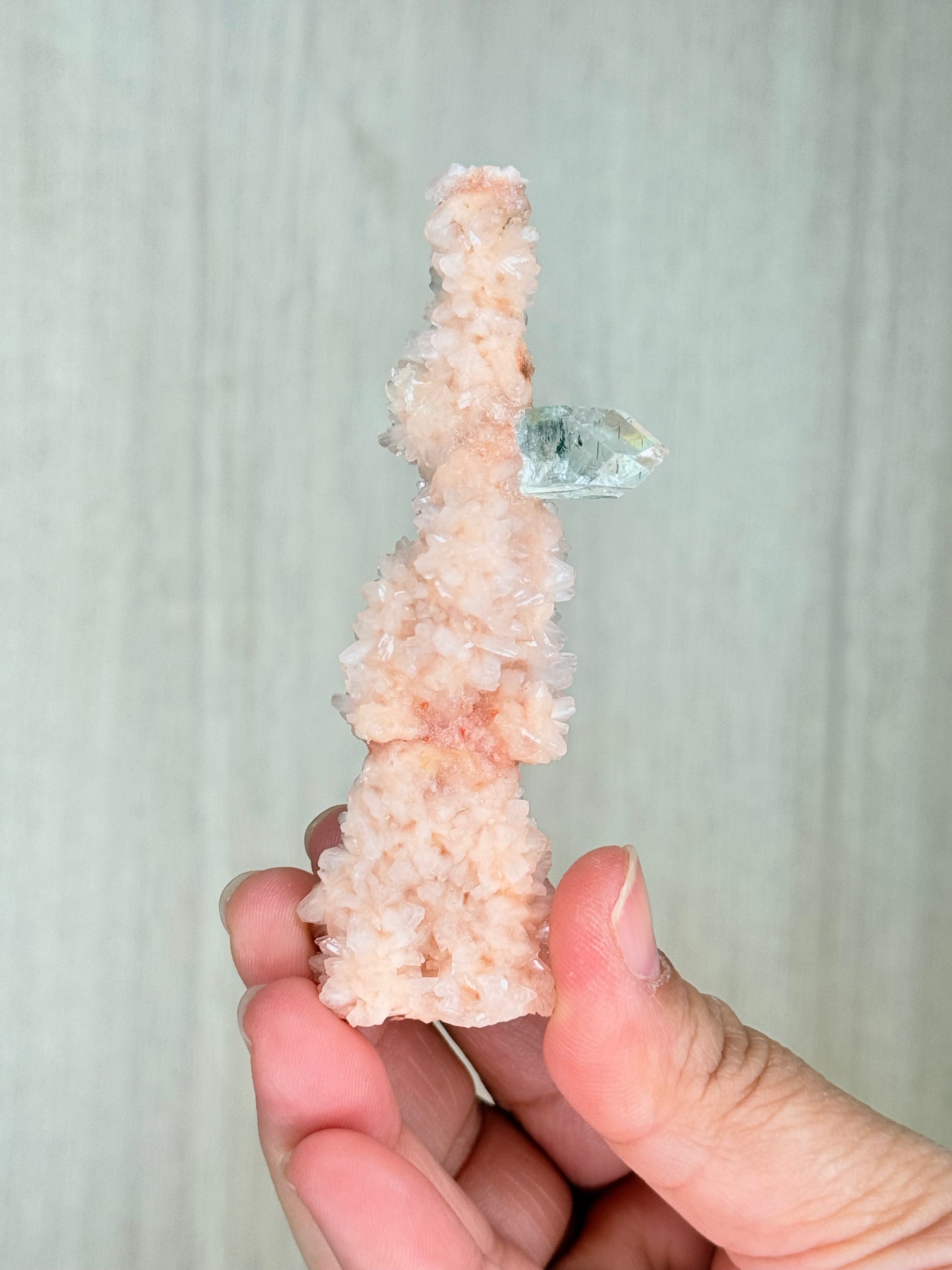 🍑Peach Heulandite Stalactites with Green Apophyllite – Rare Zeolite Specimen from Maharashtra, India - Auralis Crystals