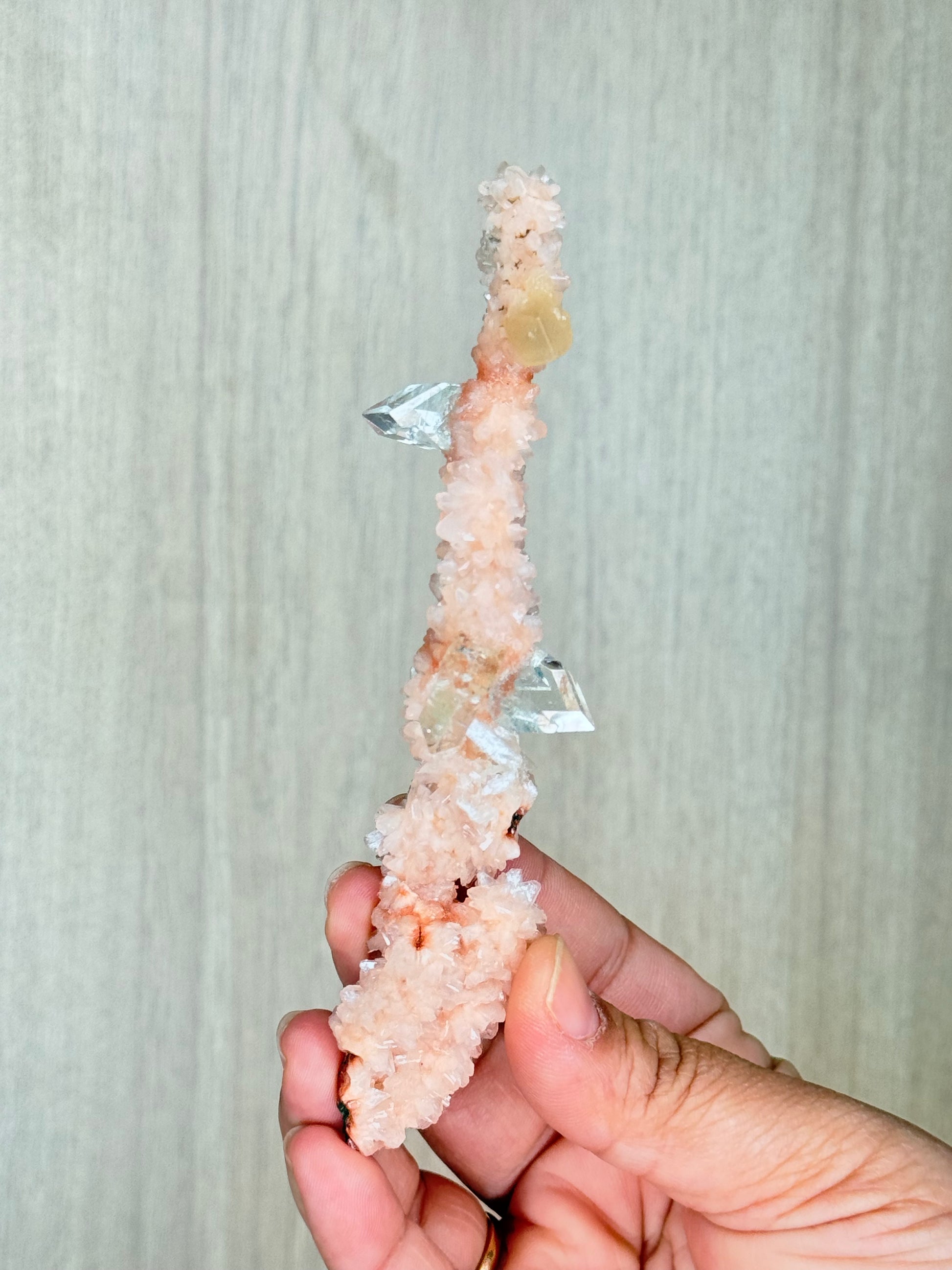 🍑Peach Heulandite Stalactites with Green Apophyllite – Rare Zeolite Specimen from Maharashtra, India - Auralis Crystals