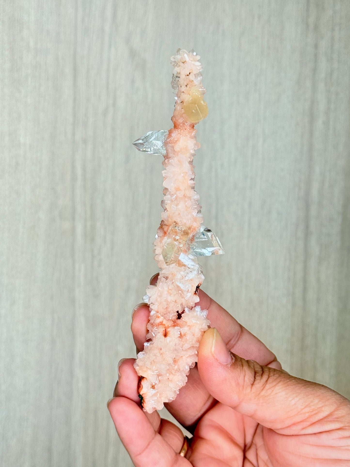 🍑Peach Heulandite Stalactites with Green Apophyllite – Rare Zeolite Specimen from Maharashtra, India