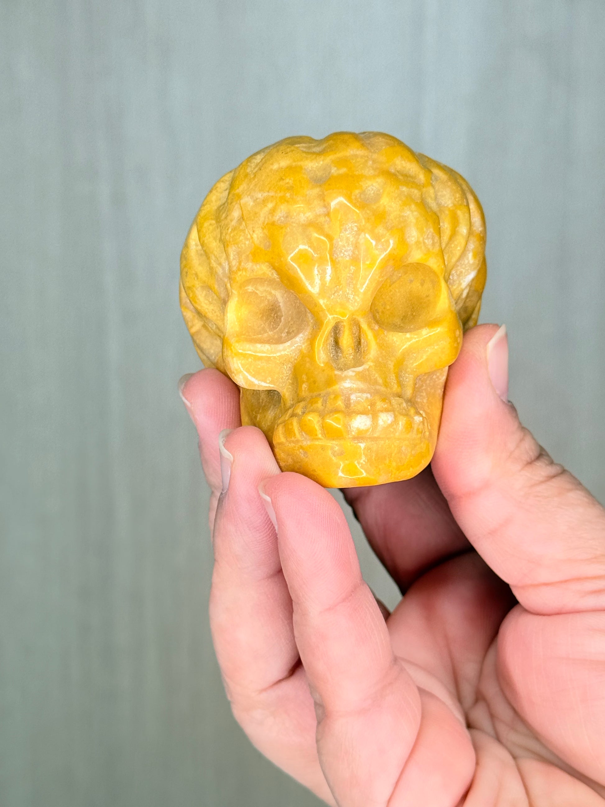 Pumpkinhead Skull Carving – Yellow Jade & Kiwi Jasper Crystal for Transformation & Grounding - Auralis Crystals