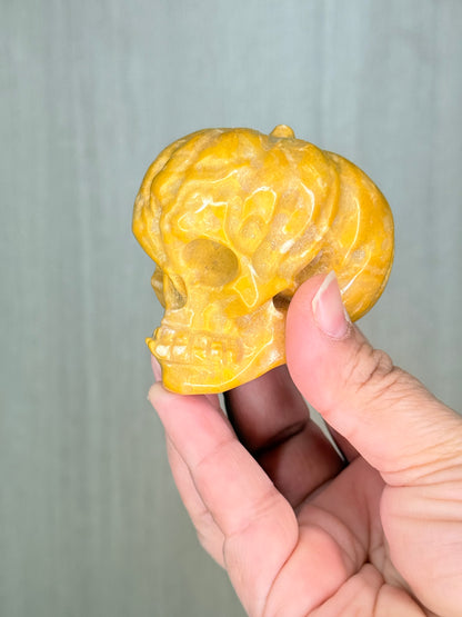 Pumpkinhead Skull Carving – Yellow Jade & Kiwi Jasper Crystal for Transformation & Grounding - Auralis Crystals