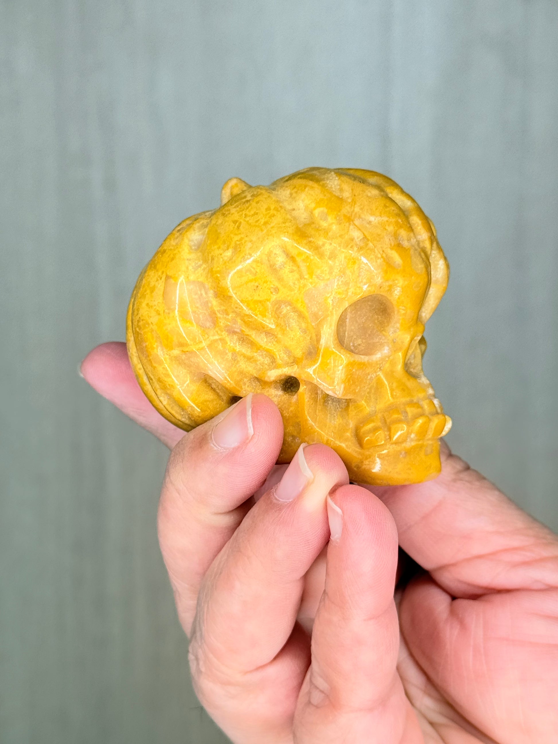 Pumpkinhead Skull Carving – Yellow Jade & Kiwi Jasper Crystal for Transformation & Grounding - Auralis Crystals
