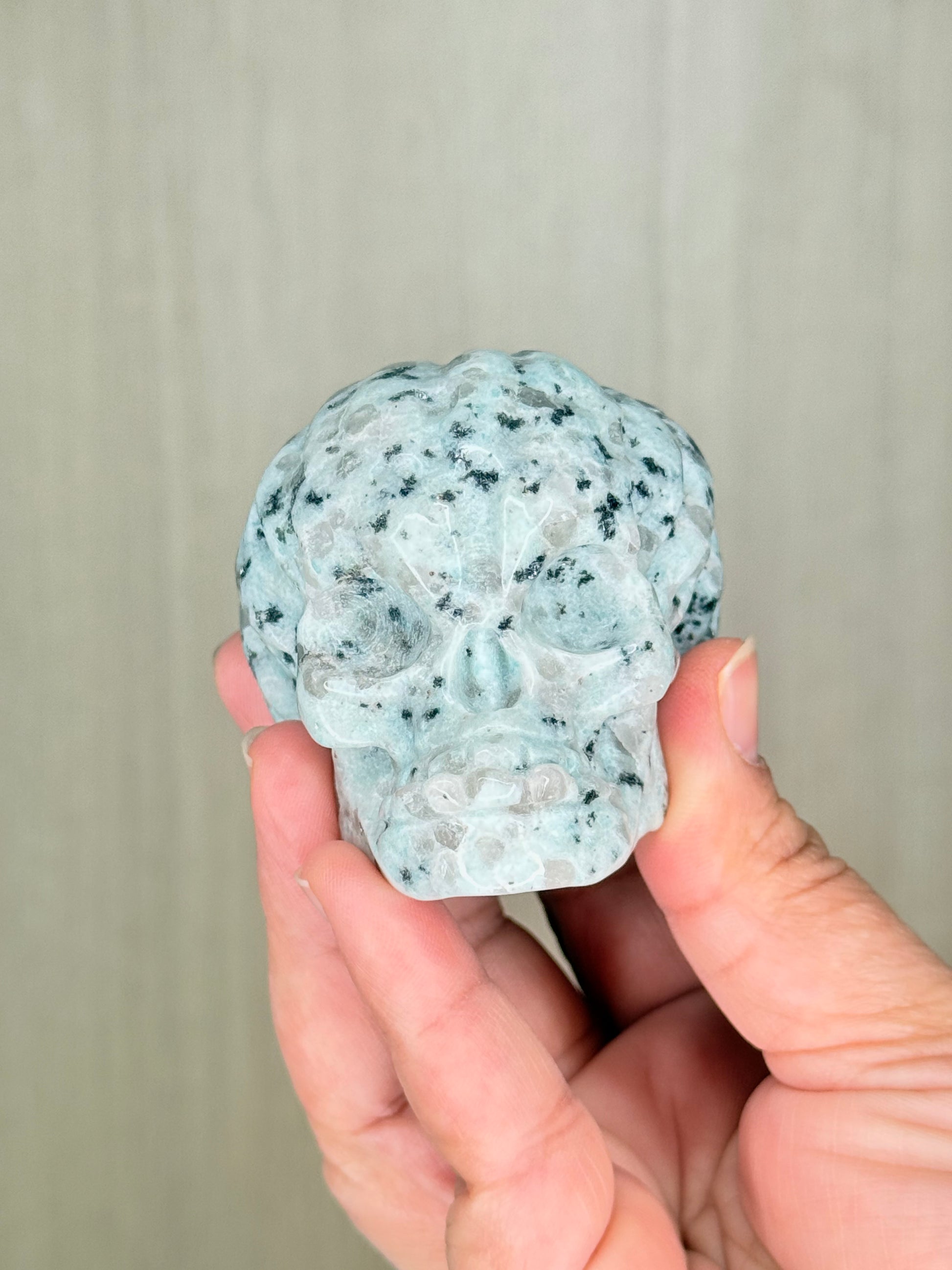 Pumpkinhead Skull Carving – Yellow Jade & Kiwi Jasper Crystal for Transformation & Grounding - Auralis Crystals