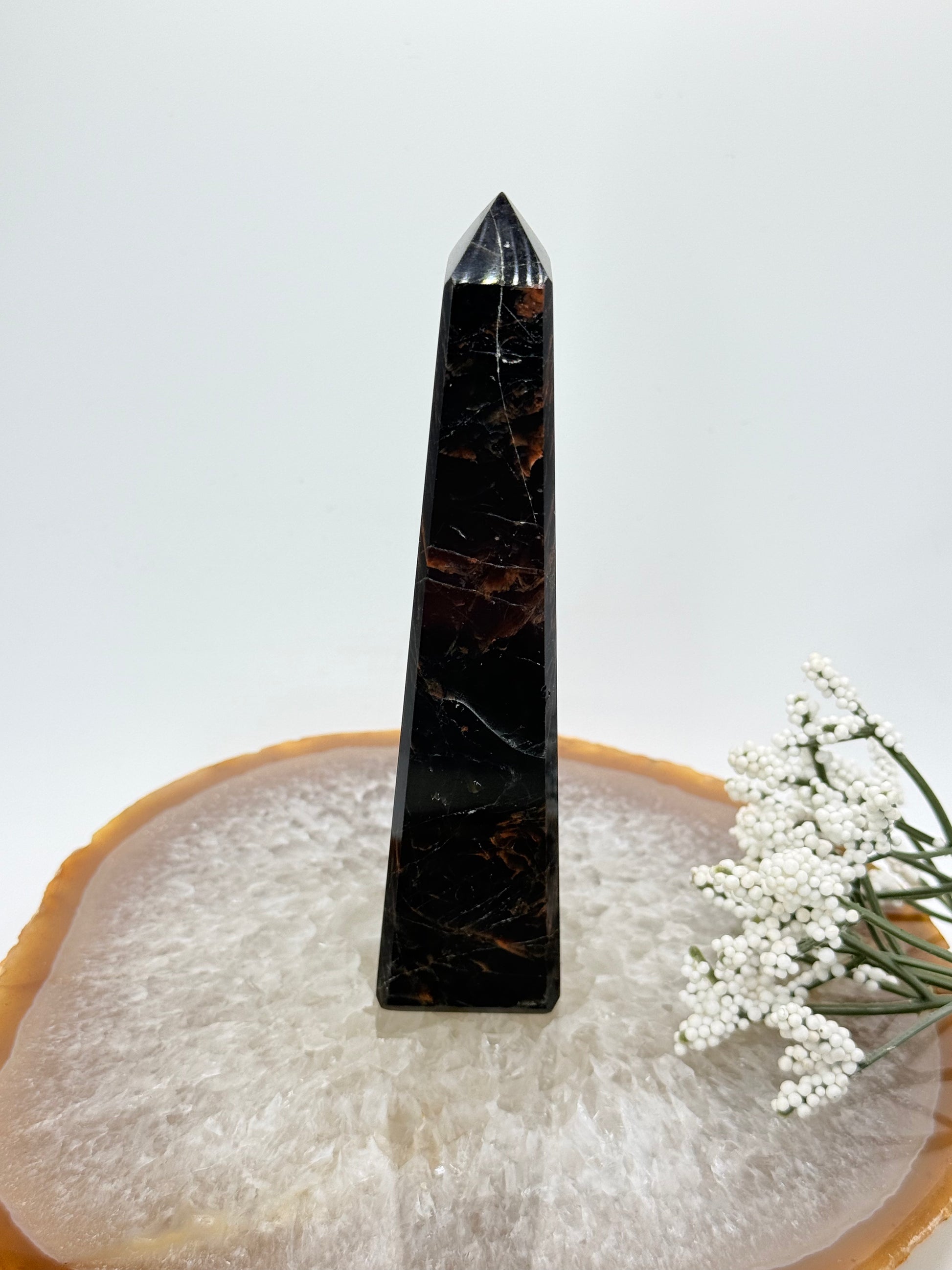 Brazilian Black Tourmaline Obelisk – High-Quality with Red Jasper Streaks - Auralis Crystals