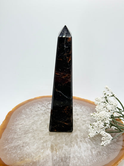 Brazilian Black Tourmaline Obelisk – High-Quality with Red Jasper Streaks - Auralis Crystals
