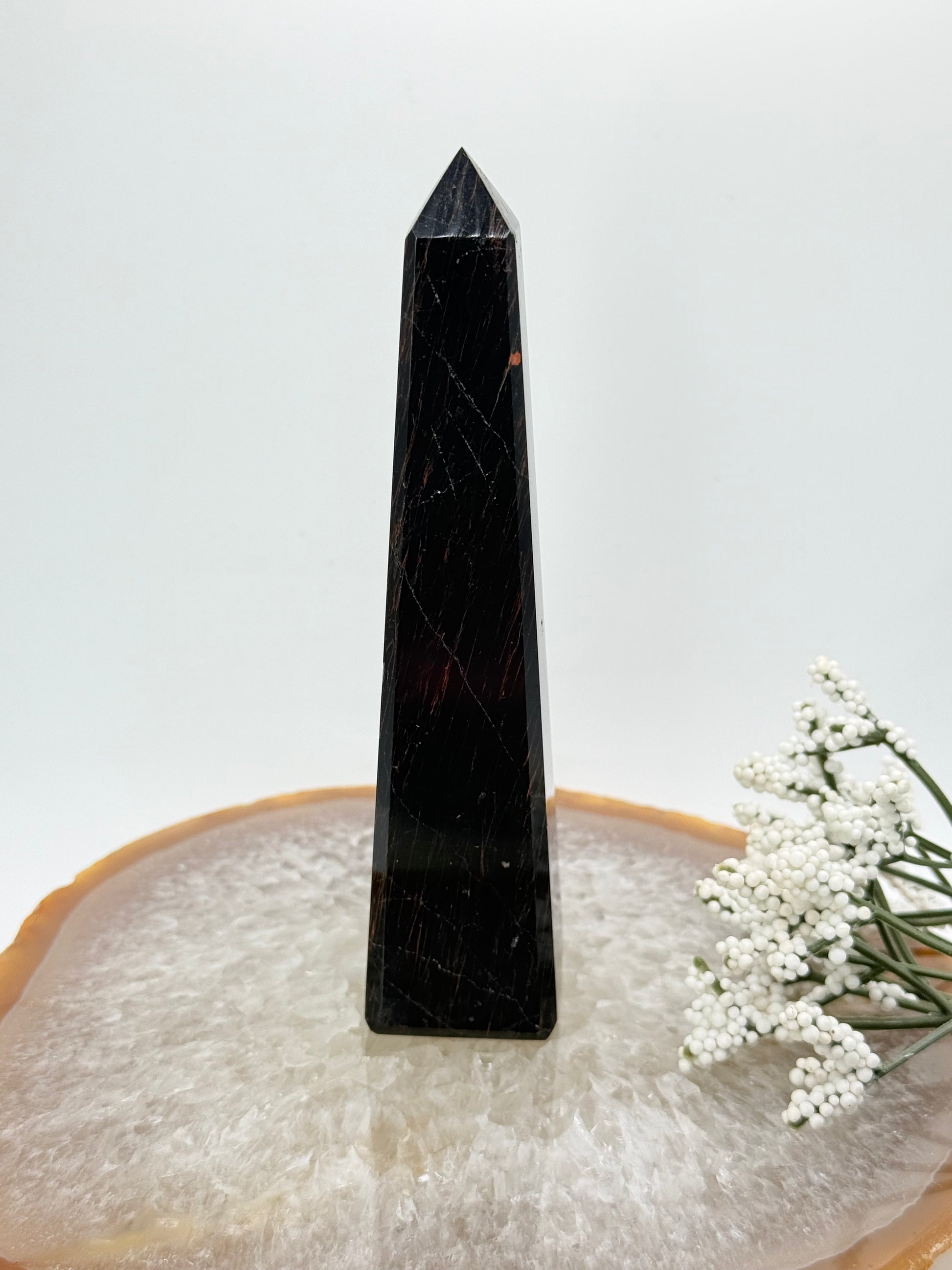 Brazilian Black Tourmaline Obelisk – High-Quality with Red Jasper Streaks - Auralis Crystals