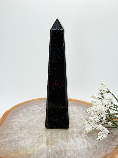 Brazilian Black Tourmaline Obelisk – High-Quality with Red Jasper Streaks - Auralis Crystals
