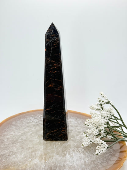 Brazilian Black Tourmaline Obelisk – High-Quality with Red Jasper Streaks - Auralis Crystals