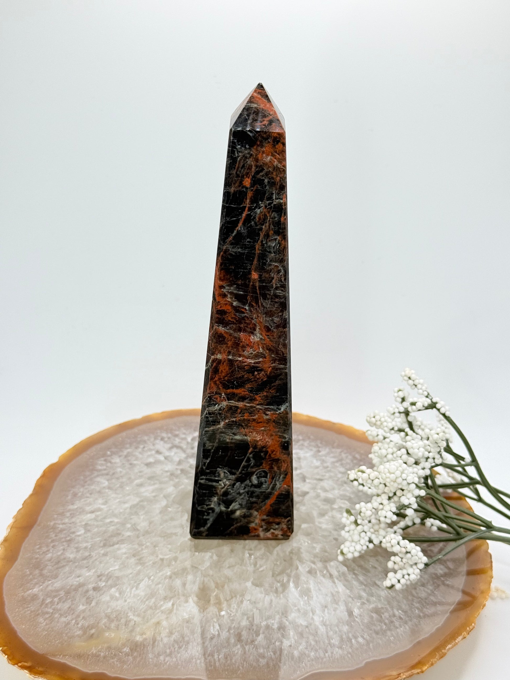 Brazilian Black Tourmaline Obelisk – High-Quality with Red Jasper Streaks - Auralis Crystals