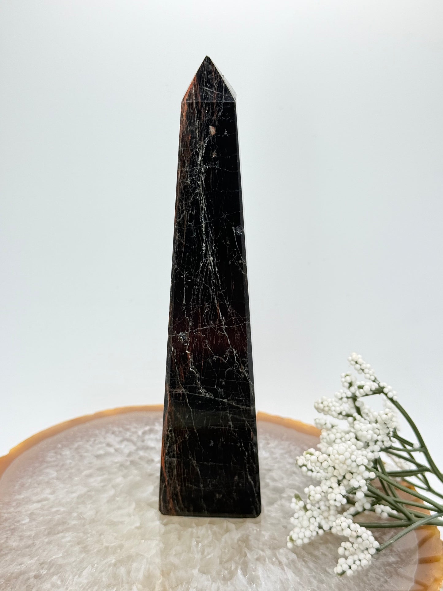 Brazilian Black Tourmaline Obelisk – High-Quality with Red Jasper Streaks - Auralis Crystals