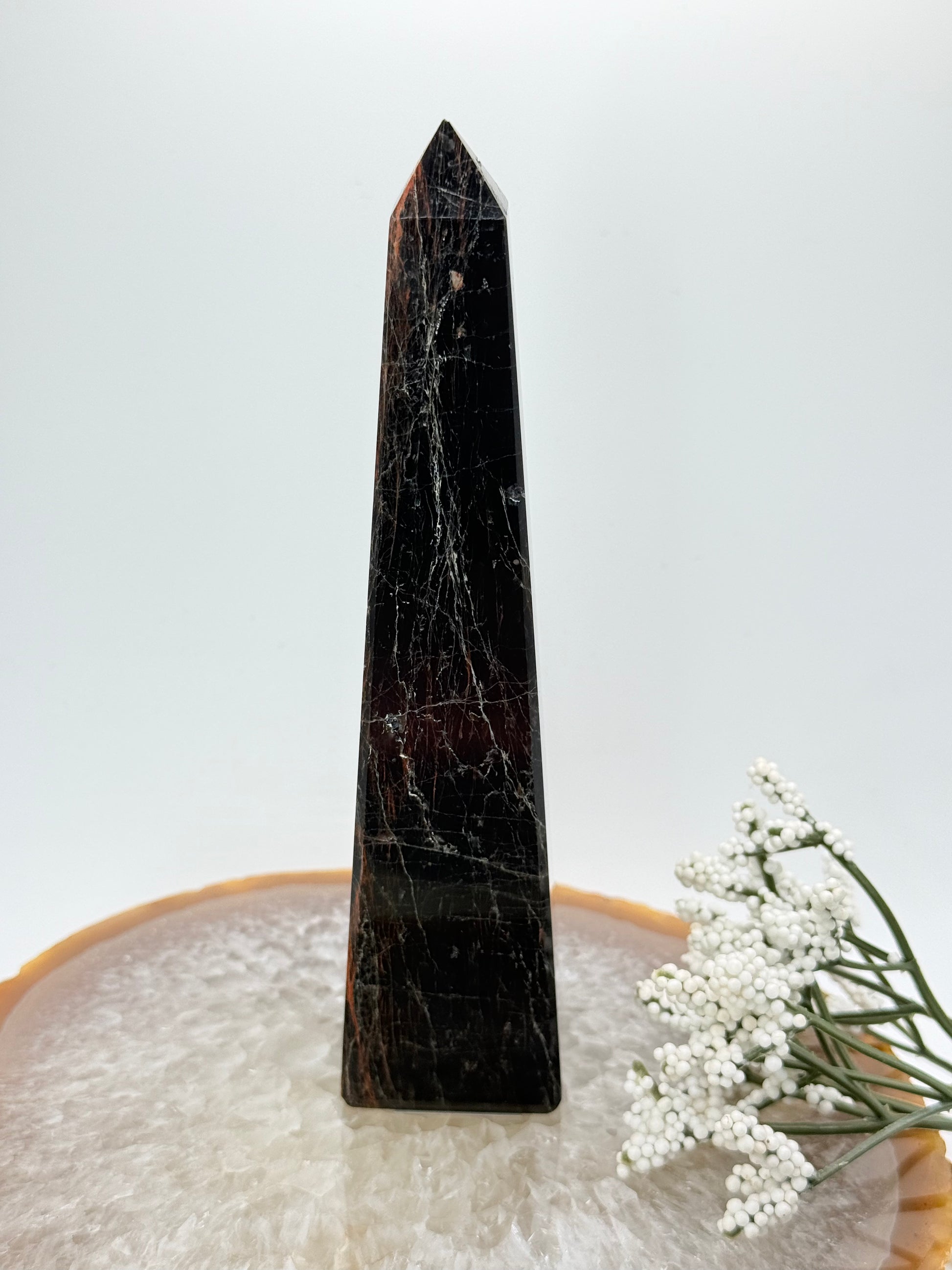 Brazilian Black Tourmaline Obelisk – High-Quality with Red Jasper Streaks - Auralis Crystals