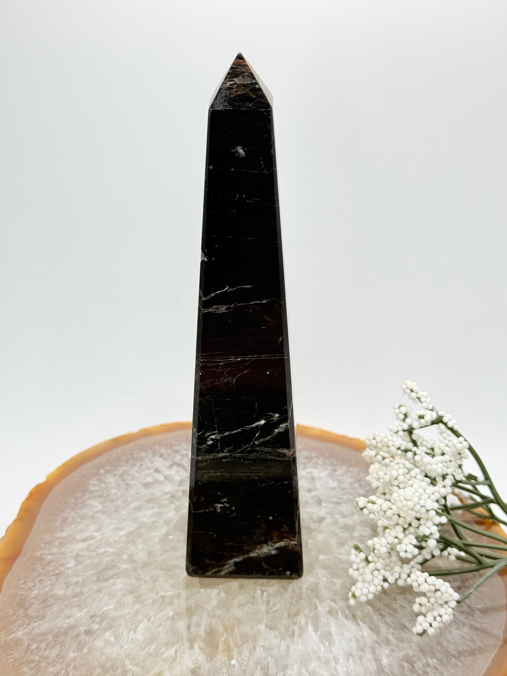 Brazilian Black Tourmaline Obelisk – High-Quality with Red Jasper Streaks - Auralis Crystals