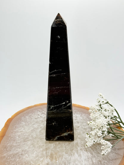Brazilian Black Tourmaline Obelisk – High-Quality with Red Jasper Streaks - Auralis Crystals