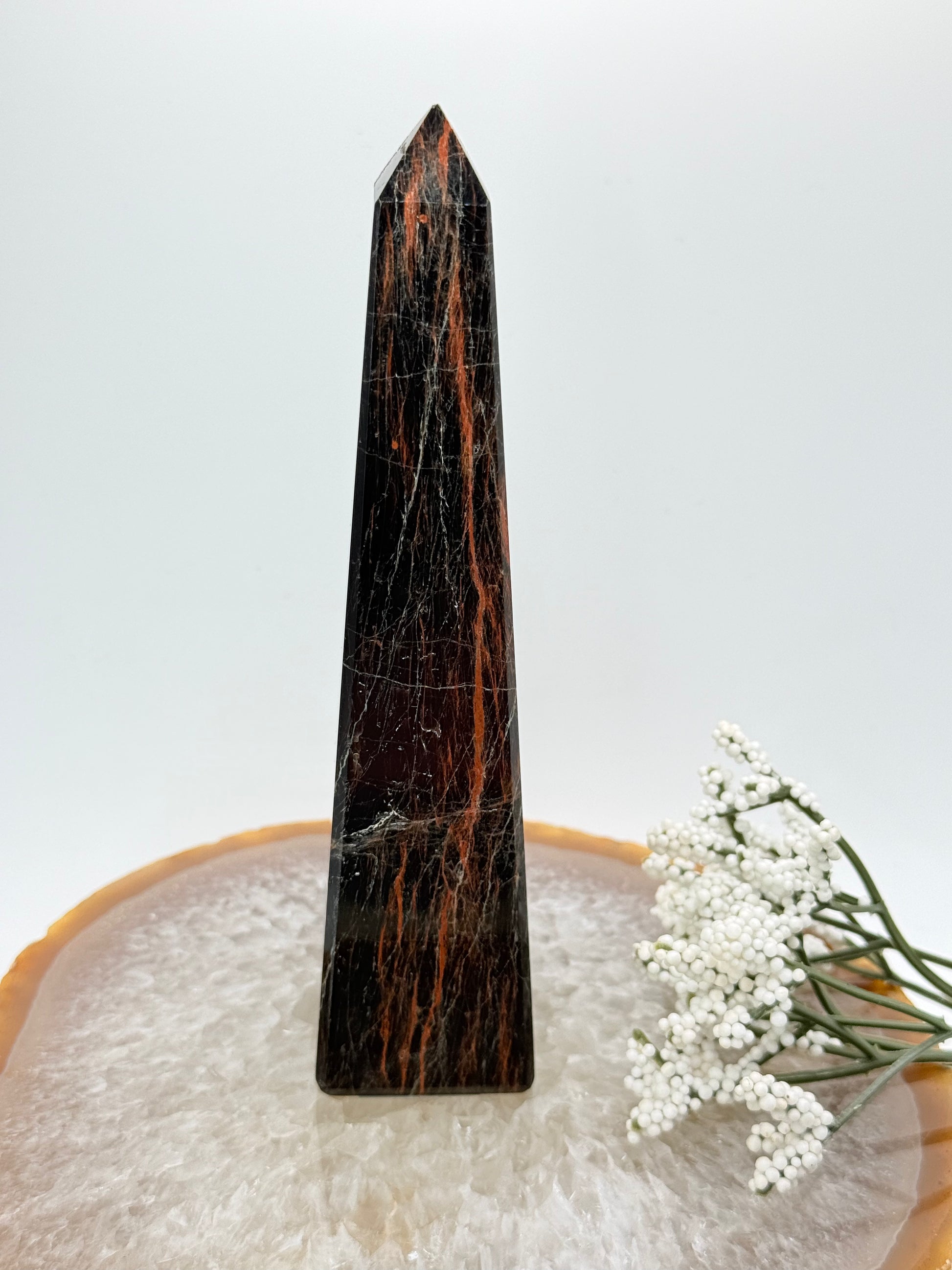 Brazilian Black Tourmaline Obelisk – High-Quality with Red Jasper Streaks - Auralis Crystals