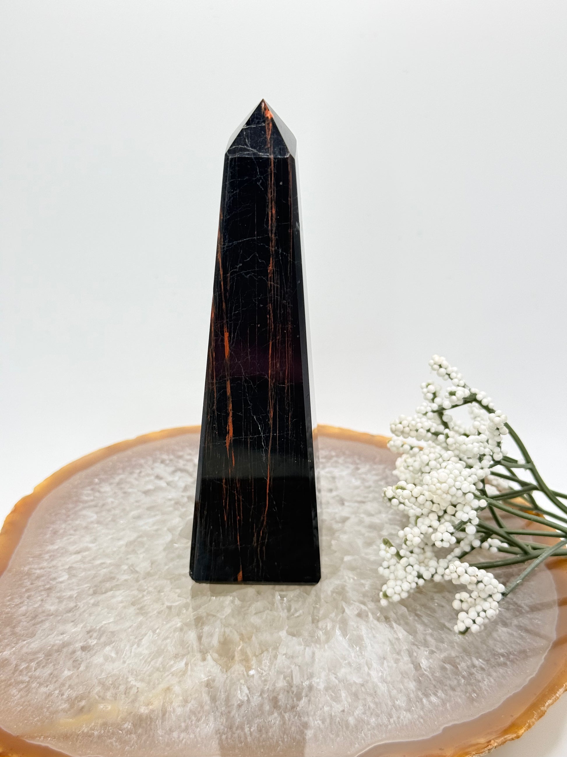 Brazilian Black Tourmaline Obelisk – High-Quality with Red Jasper Streaks - Auralis Crystals