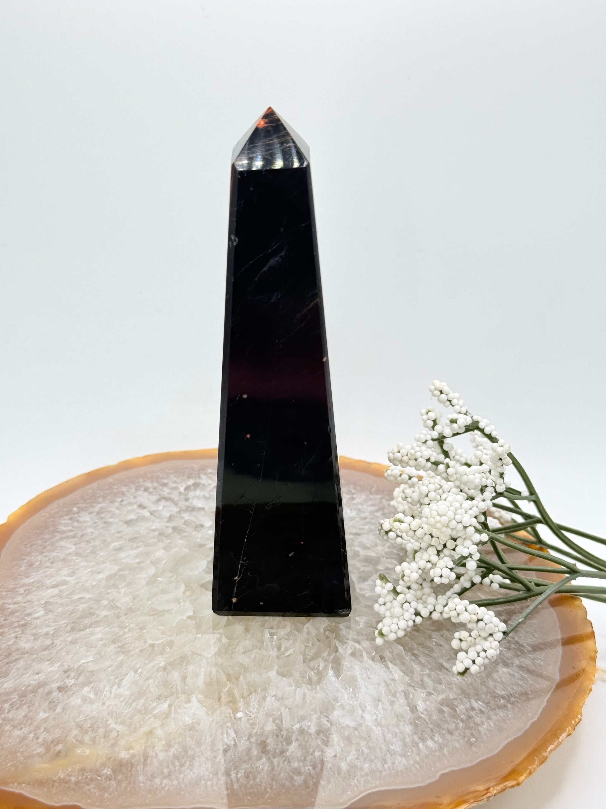 Brazilian Black Tourmaline Obelisk – High-Quality with Red Jasper Streaks - Auralis Crystals