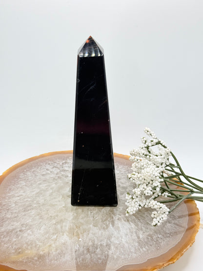 Brazilian Black Tourmaline Obelisk – High-Quality with Red Jasper Streaks - Auralis Crystals
