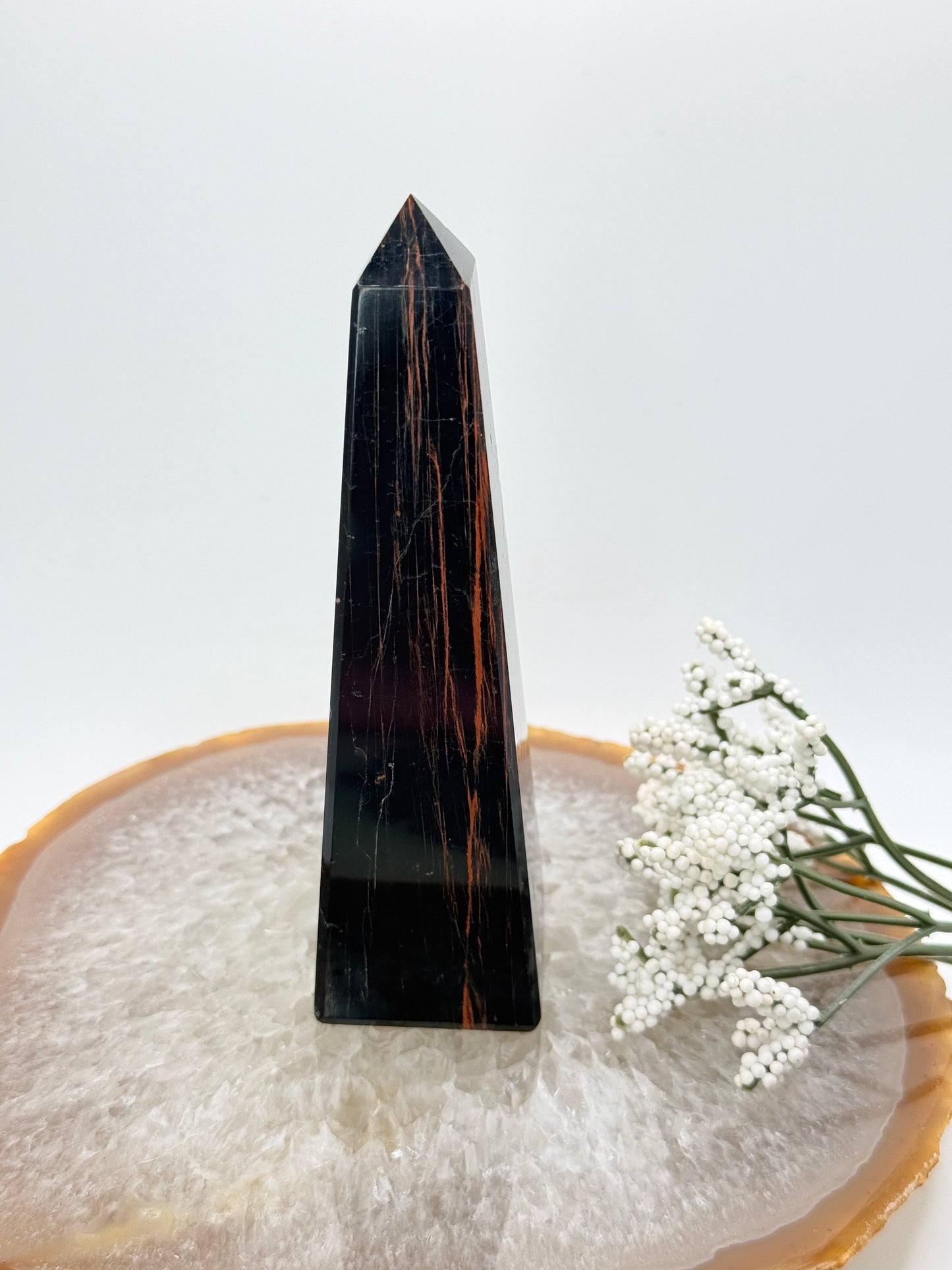 Brazilian Black Tourmaline Obelisk – High-Quality with Red Jasper Streaks - Auralis Crystals