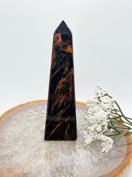 Brazilian Black Tourmaline Obelisk – High-Quality with Red Jasper Streaks