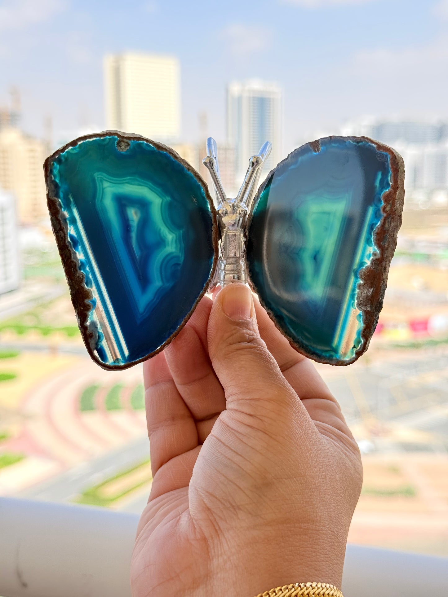 Natural Agate Slice Butterfly – Brazilian Crystal Sculpture - Auralis Crystals