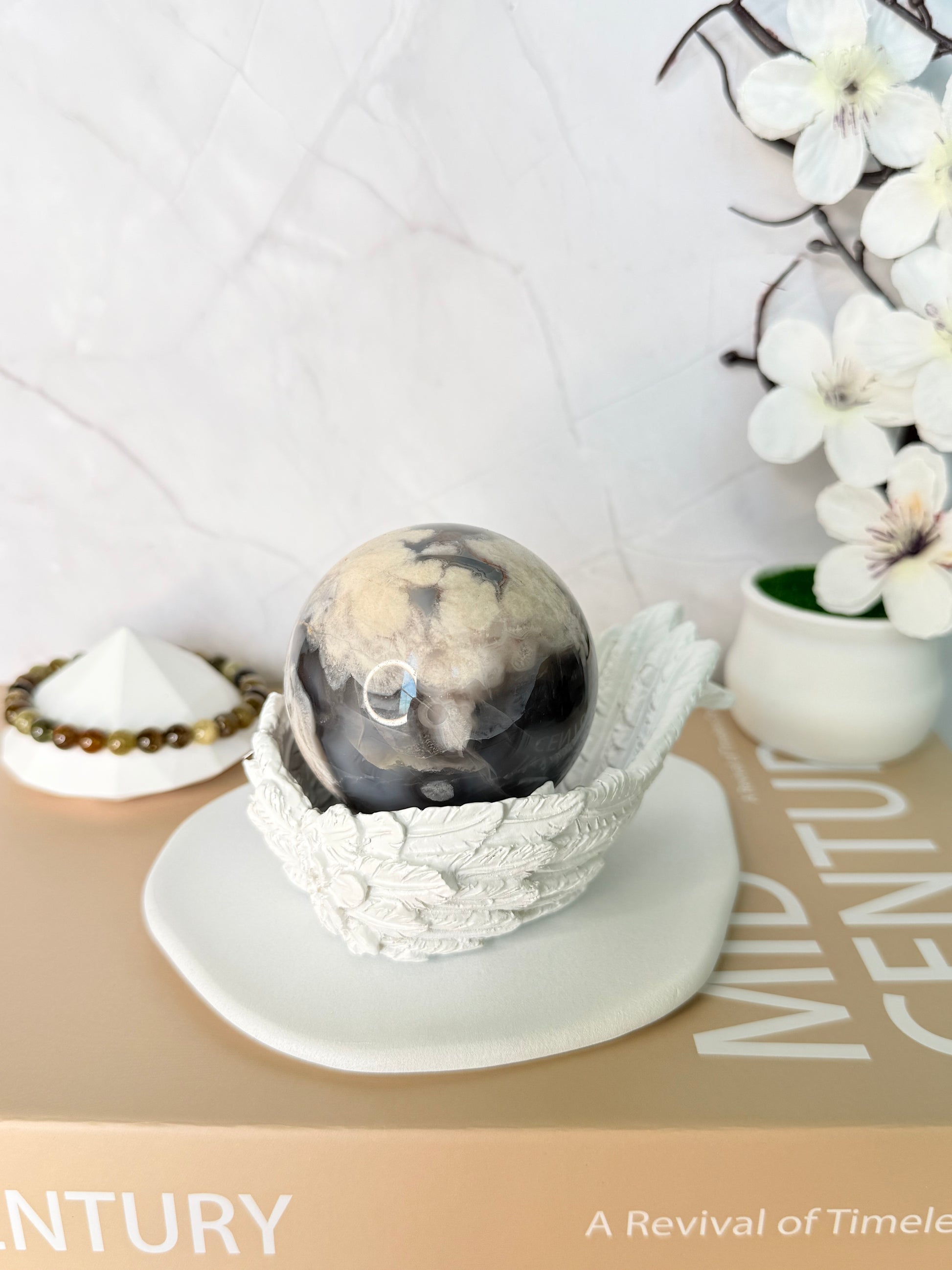 Noir Bloom Black Flower Agate Sphere - Auralis Crystals