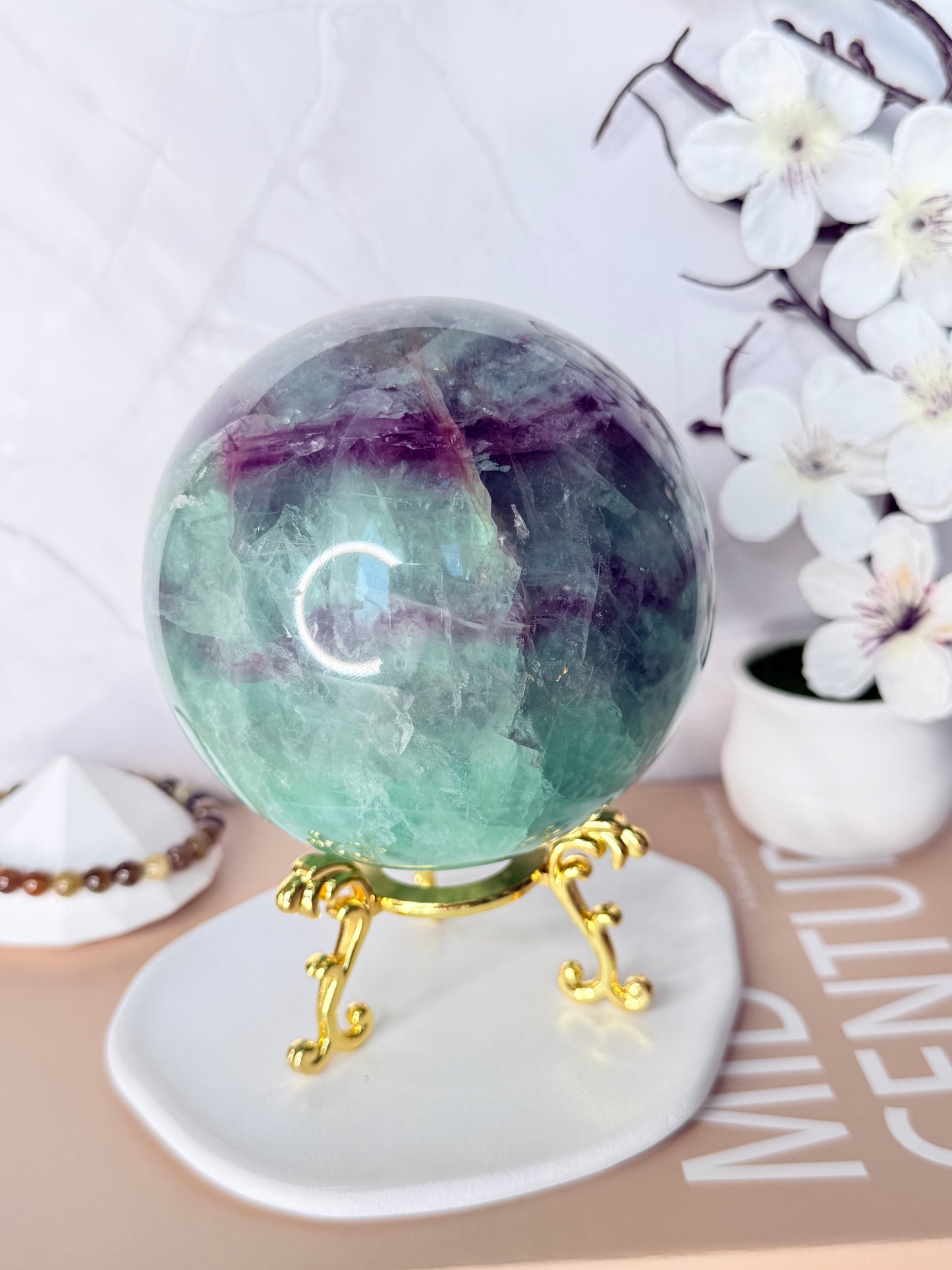 Aurora Glow Large Rainbow Fluorite Sphere – UV Reactive
