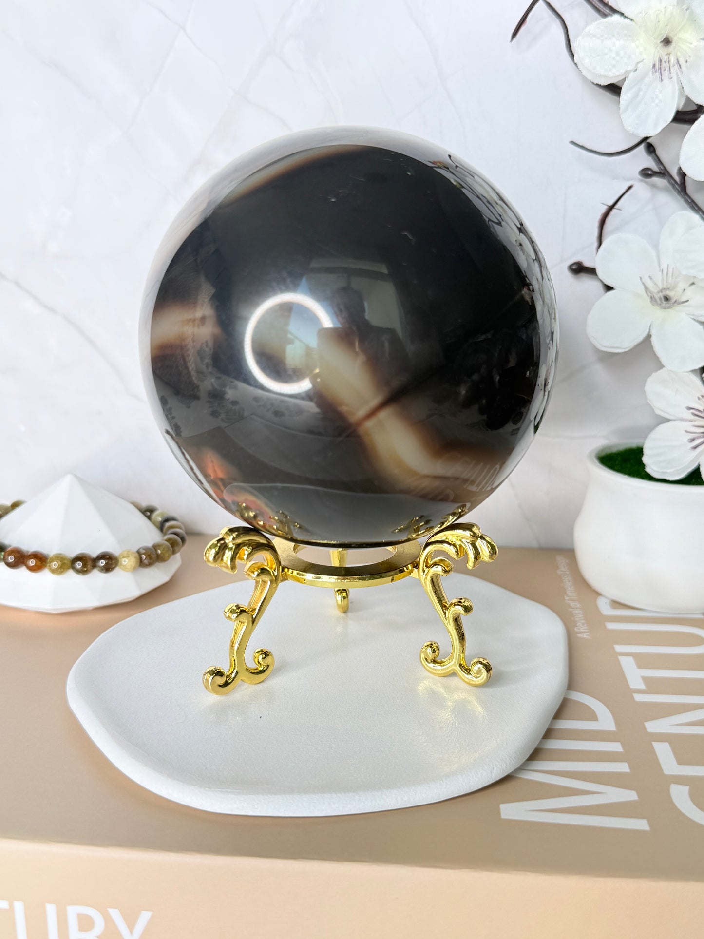 🖤 Midnight Veil Large Black Agate Sphere 🖤