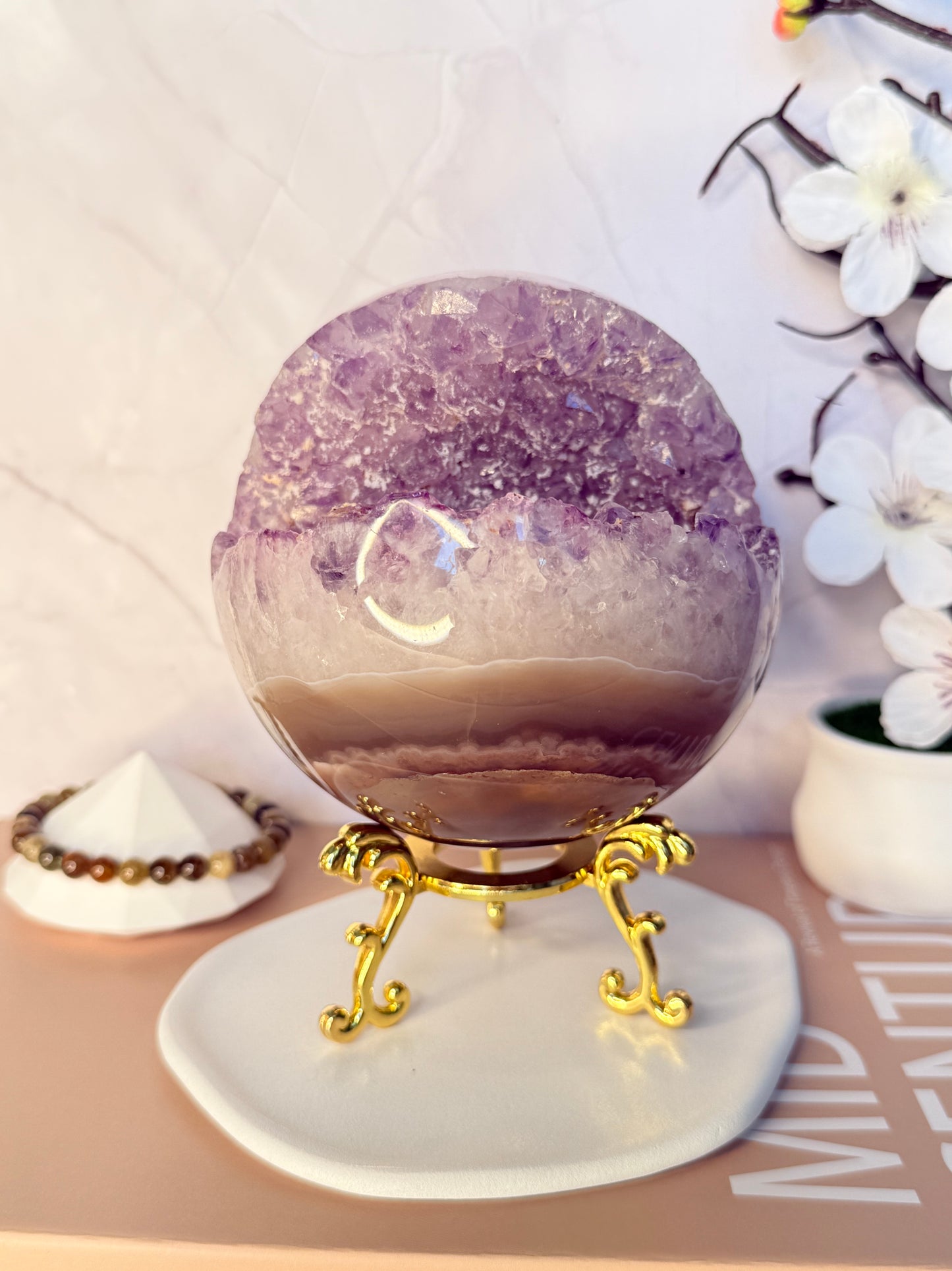 Ethereal Veil Large Super Druzy Amethyst Sphere – Brazilian with Calcite Inclusions