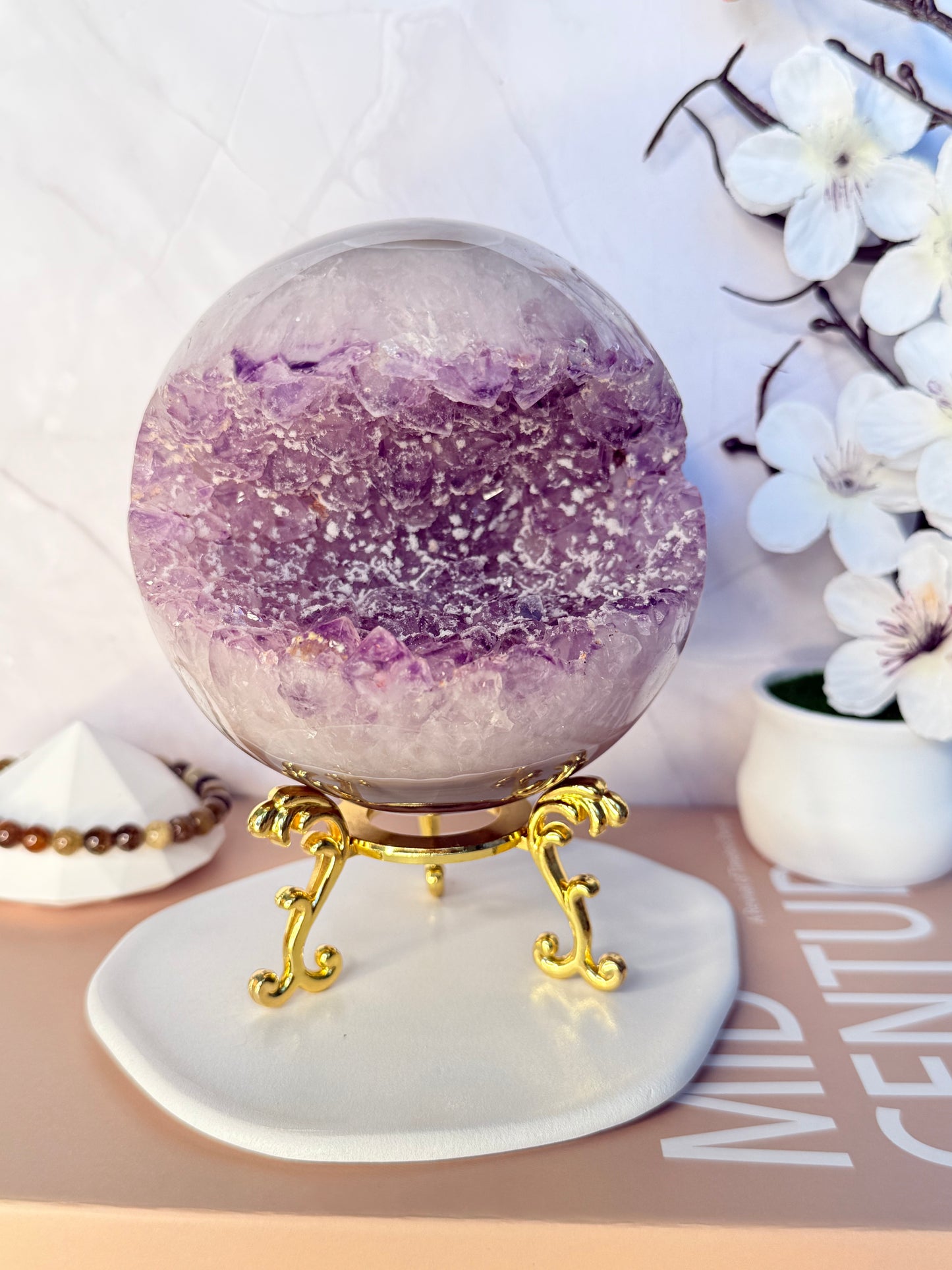 Ethereal Veil Large Super Druzy Amethyst Sphere – Brazilian with Calcite Inclusions